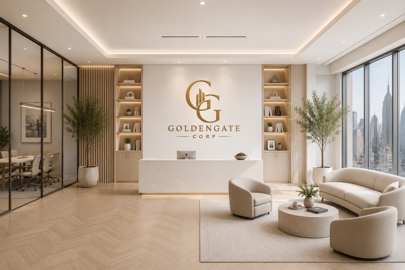 GoldenGate Corp brokerage reception lobby with the company logo on the wall and the Manhattan skyline through the windows