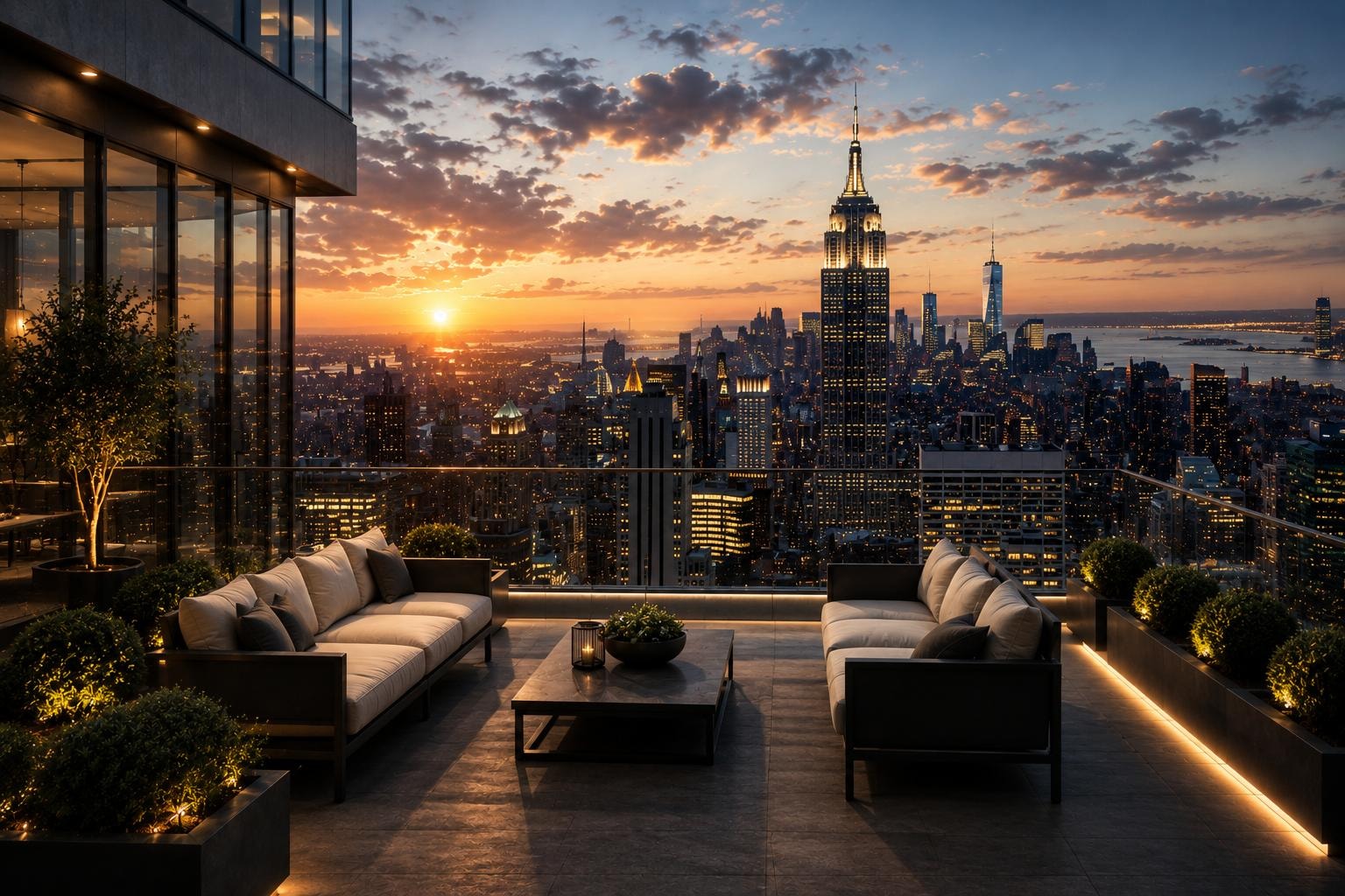Luxury rooftop terrace with lounge seating overlooking the New York City skyline at sunset