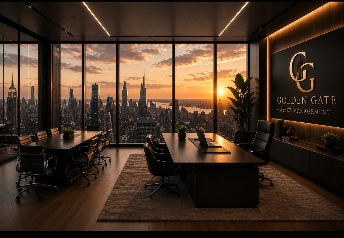 GoldenGate Asset Management boardroom at sunset with the company logo on the wall and the Manhattan skyline through floor-to-ceiling windows