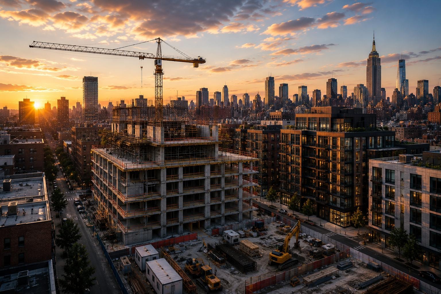 Active building redevelopment site with a construction crane against the New York City skyline at sunset