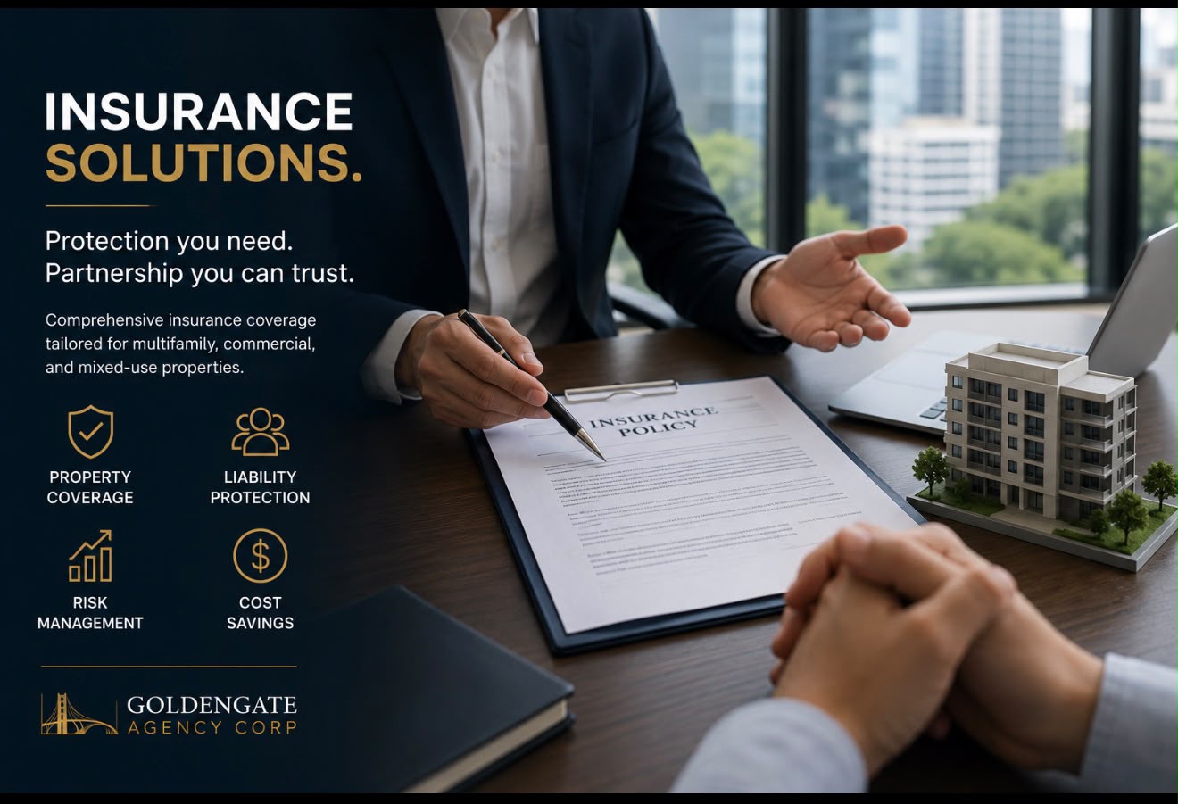 GoldenGate Agency Corp insurance solutions panel showing an advisor reviewing a policy with a client, with callouts for property coverage, liability protection, risk management, and cost savings