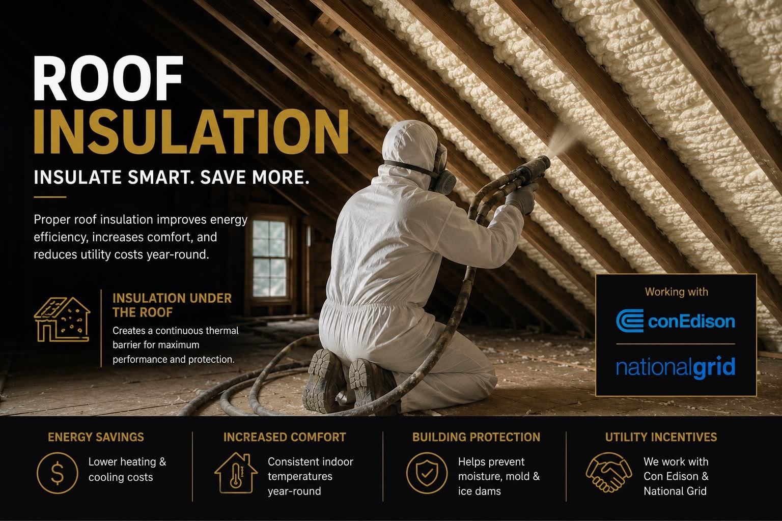 GoldenGate Agency Corp roof insulation panel showing a technician spray-applying insulation beneath a roof deck, with callouts for energy savings, increased comfort, building protection, and utility incentive programs with Con Edison and National Grid