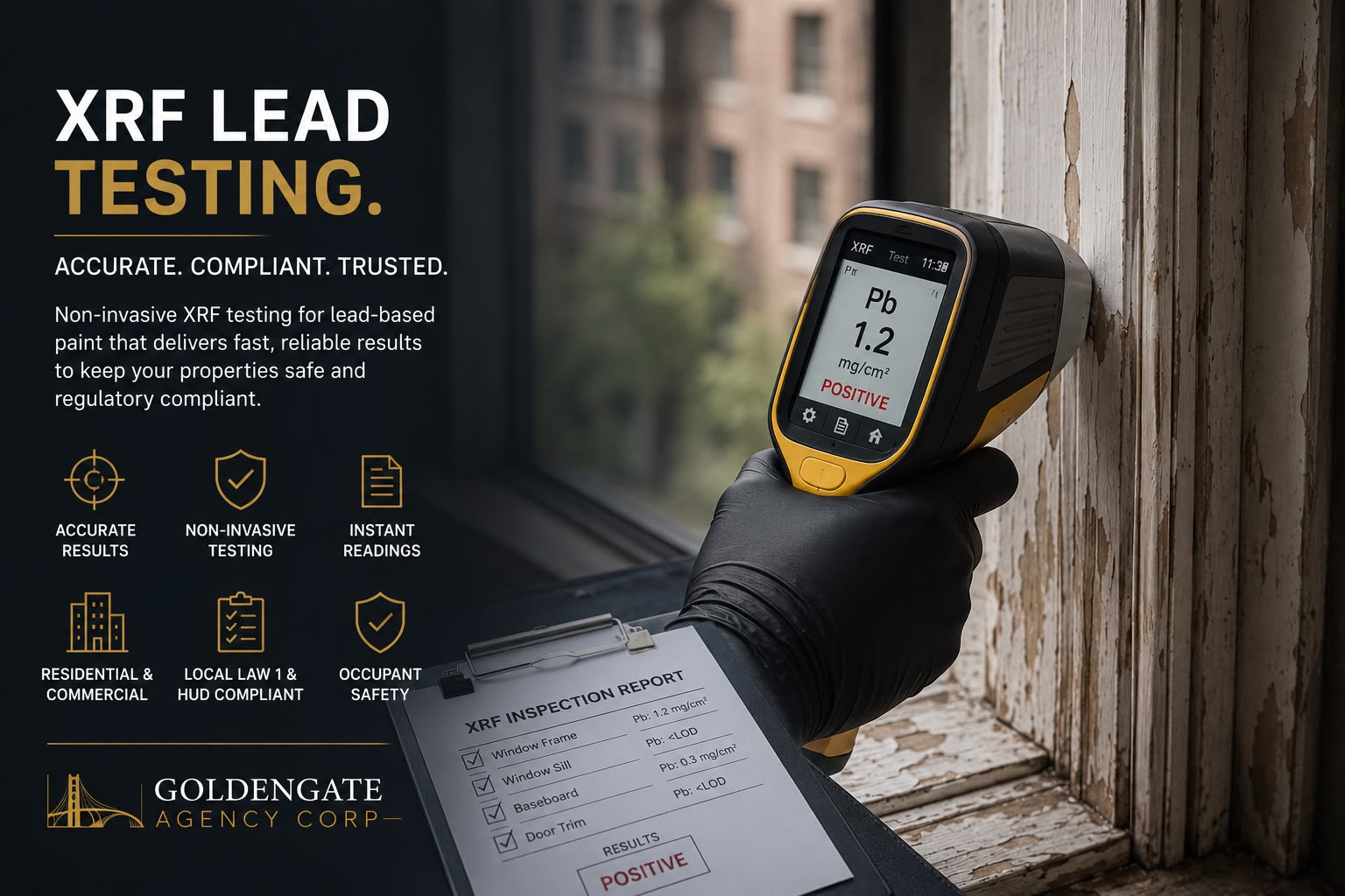 GoldenGate Agency Corp XRF lead testing panel showing a handheld analyzer reading a painted window frame beside an inspection report, with callouts for accurate, non-invasive, compliant testing